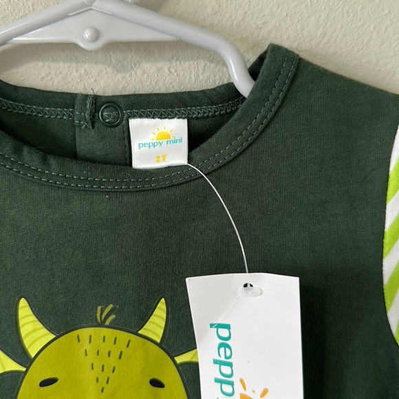 NWT Peppy Mini 2T Toddler Green Dragon Stripes Short Sleeve Romper - Picture 6 of 9